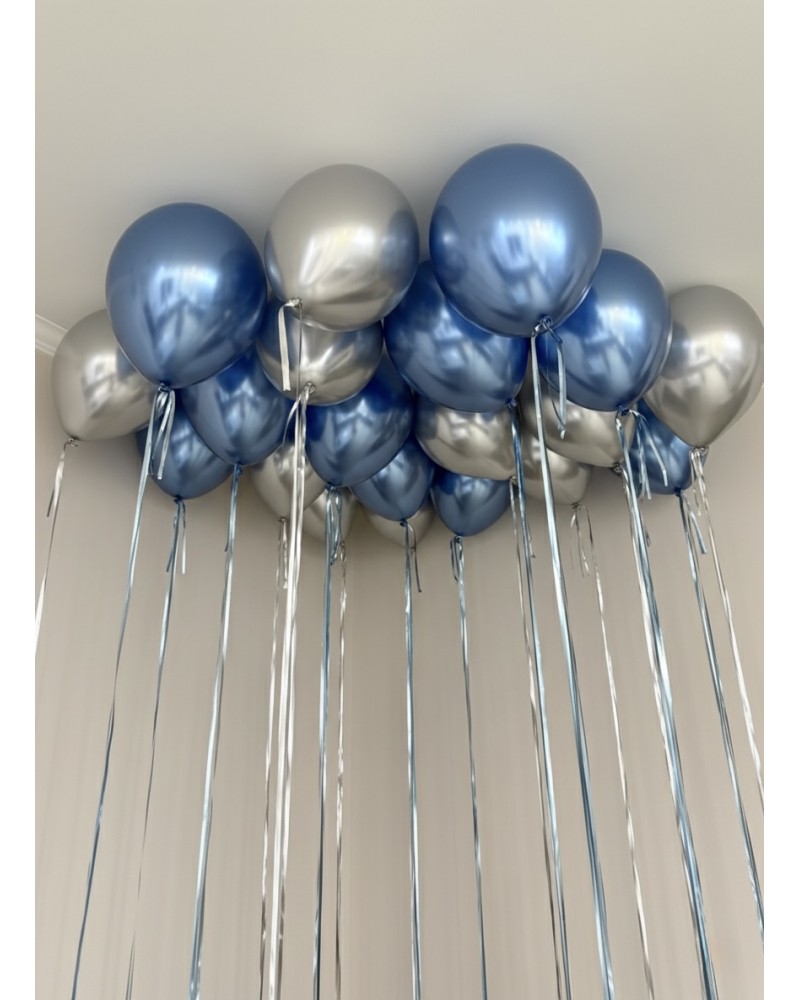 Воздушные шары хром синие и серебро на дождике 20 шаров