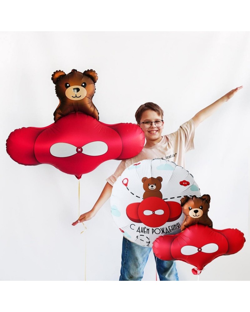 Шар С ДР Мишка в самолете красном