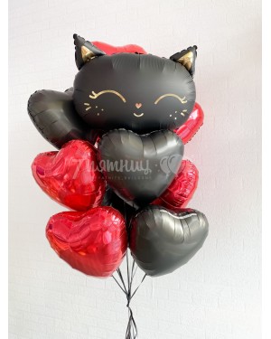 Букет шаров сердце с кошкой