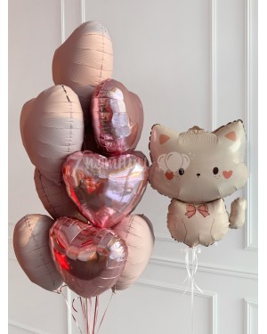 Воздушные шары сердца и Кошечка с бантиком