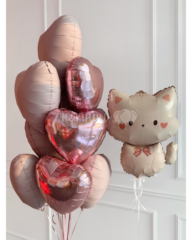 Воздушные шары сердца и Кошечка с бантиком