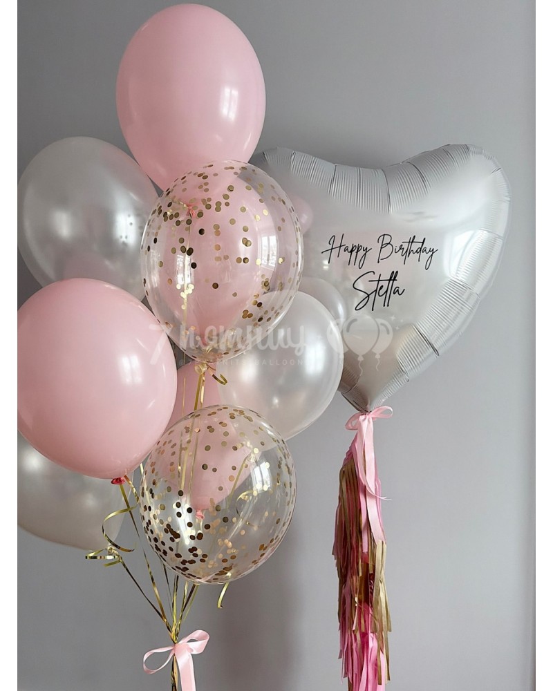 Фонтан шаров для девушки с большим сердцем с надписью