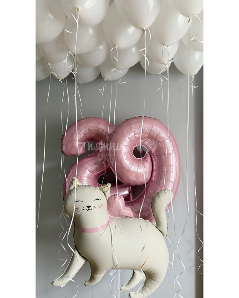 Белые шары и розовые цифры с Кошкой для девушки