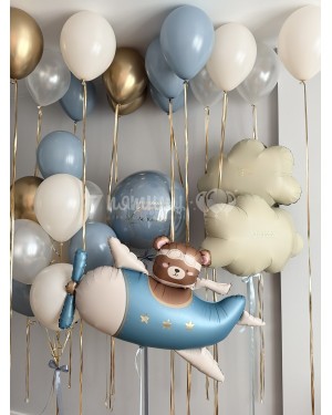 Шары на выписку мальчика с медвежонком в самолете - большой набор с облачками