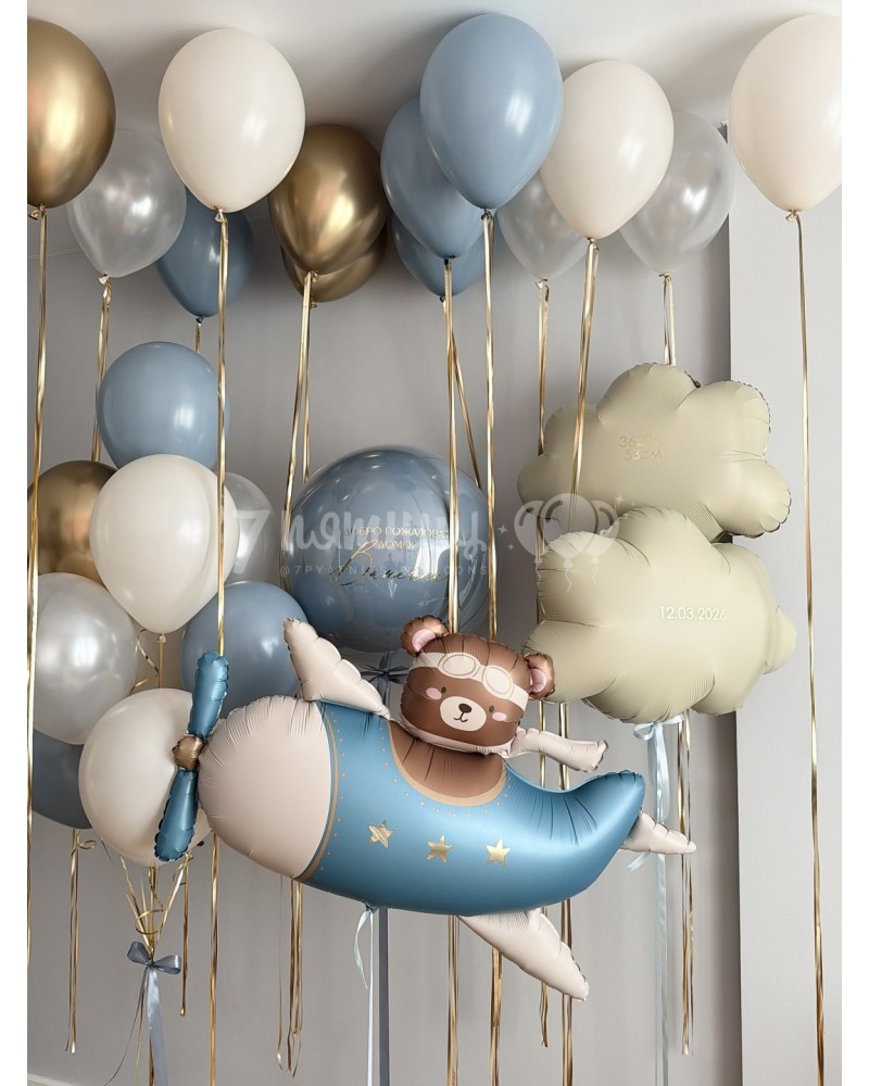 Шары на выписку мальчика с медвежонком в самолете - большой набор с облачками