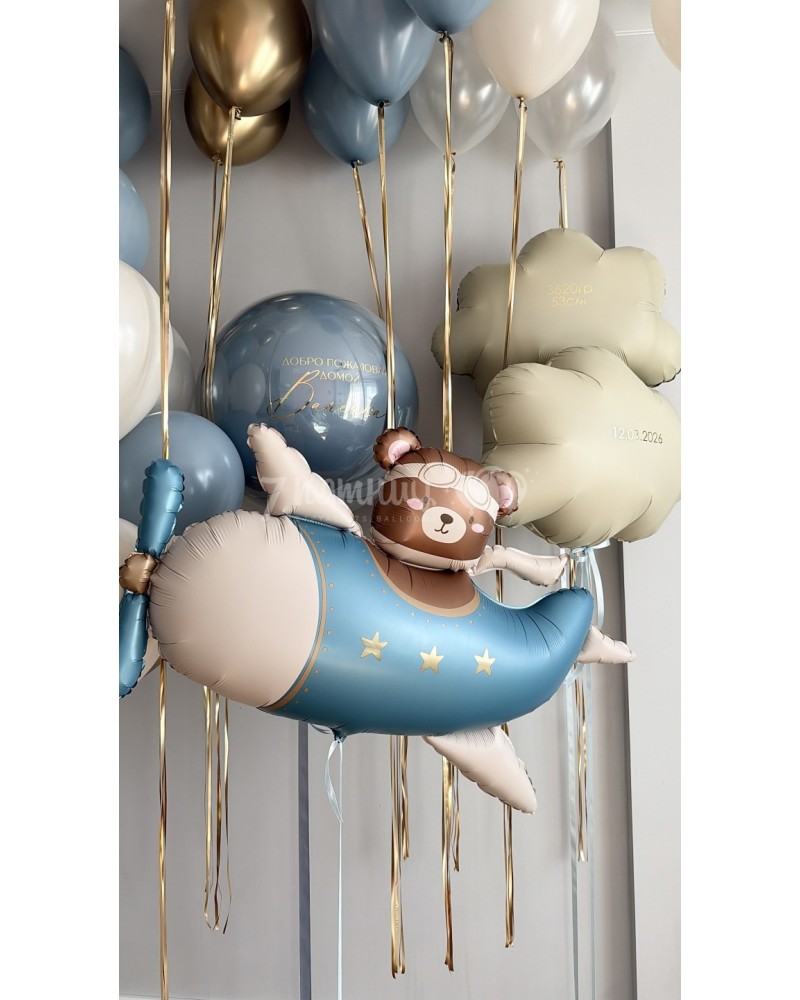 Шары на выписку мальчика с медвежонком в самолете - большой набор с облачками