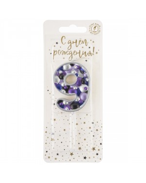 Свеча Цифра, 9 Пузырьки, на шпажке, Сиреневый, Металлик, 4*5,5 + 4 см, 1 шт. с держателем