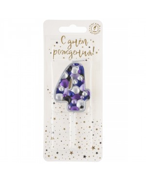 Свеча Цифра, 4 Пузырьки, на шпажке, Сиреневый, Металлик, 4*5,5 + 4 см, 1 шт. с держателем