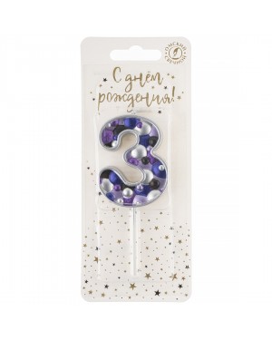 Свеча Цифра, 3 Пузырьки, на шпажке, Сиреневый, Металлик, 4*5,5 + 4 см, 1 шт. с держателем